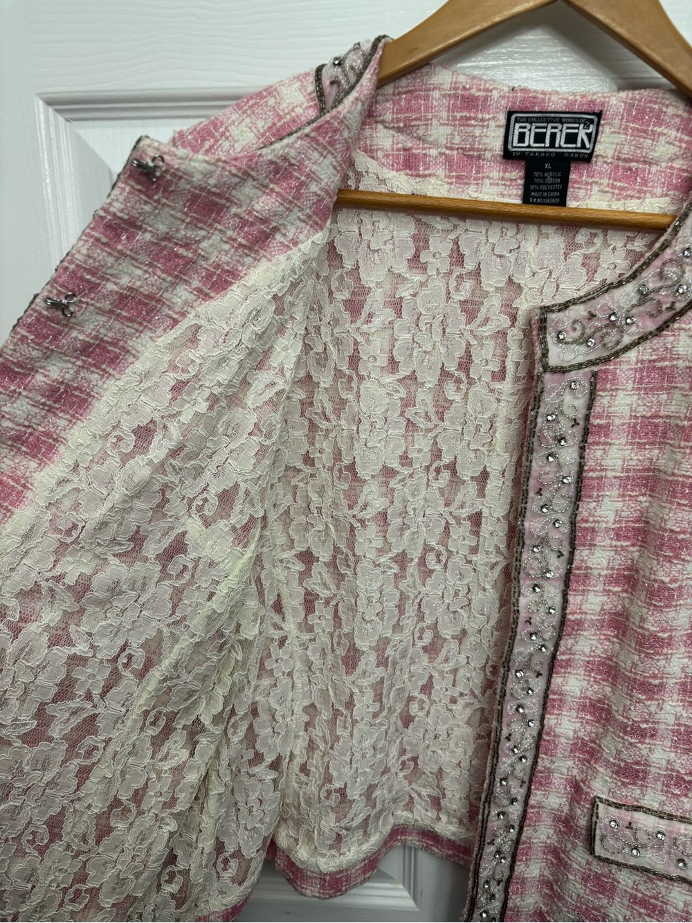 Berek by Takako Sakon Pink/Cream Tweed Plaid Embellished Vintage Lace Jacket - Picture 6 of 10